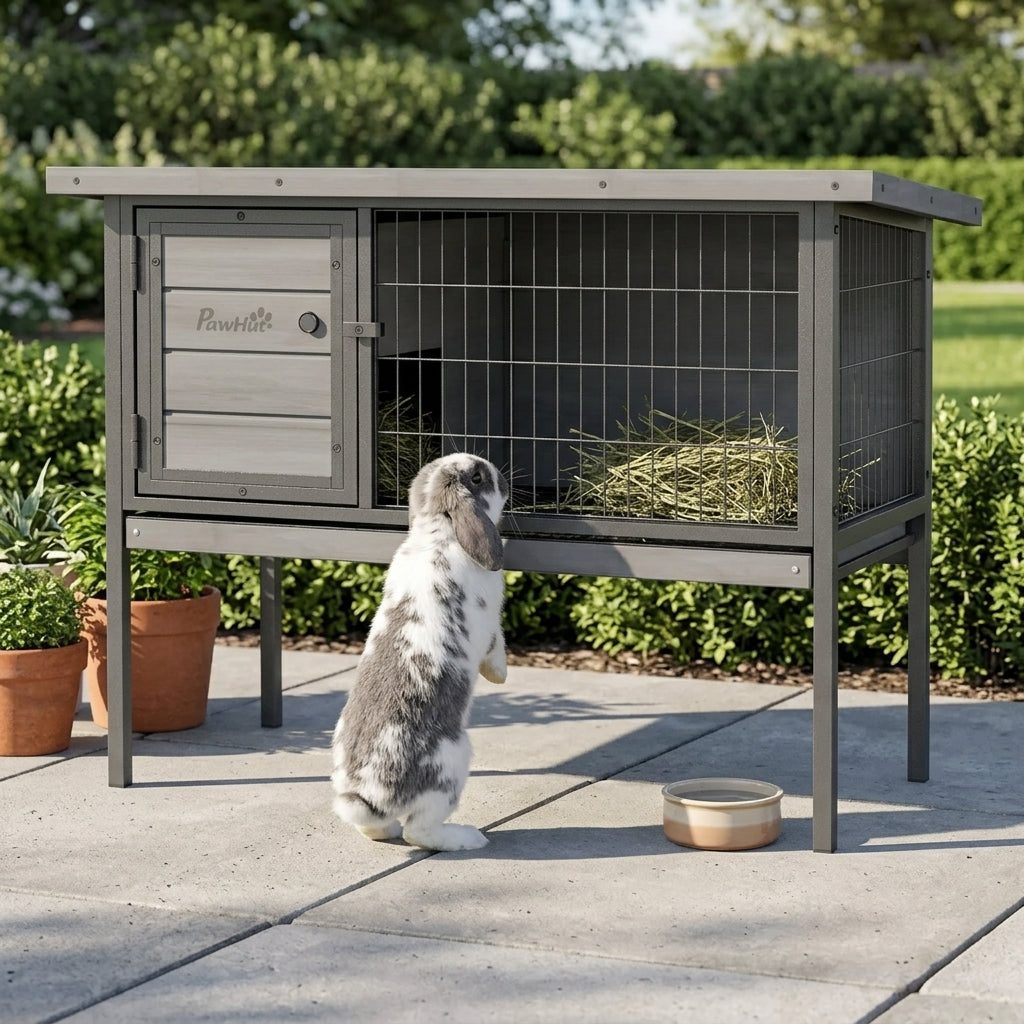 Wooden Rabbit Hutch Elevated with No Leak Tray, Openable Roof for Indoor/Outdoor, Gray
