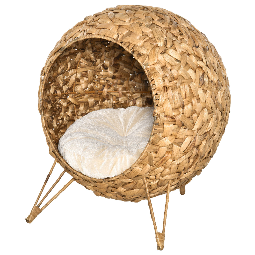 20.5" Weaved Cat Bed, Elevated Hand-woven Braided Banana Leaf Kitten House Condo with Cushion, Natural