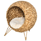 20.5" Weaved Cat Bed, Elevated Hand-woven Braided Banana Leaf Kitten House Condo with Cushion, Natural