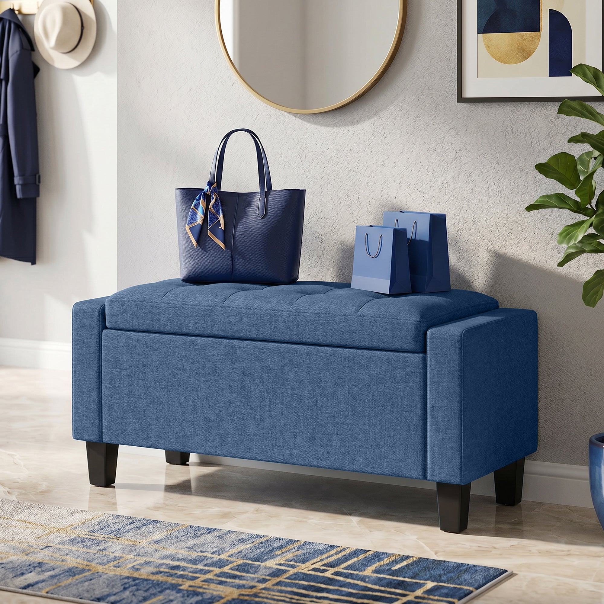 Storage Ottoman, Storage Bench with Wooden Legs, Tufted Armrests for Entryway, Living Room, Bedroom, 36.6", Blue