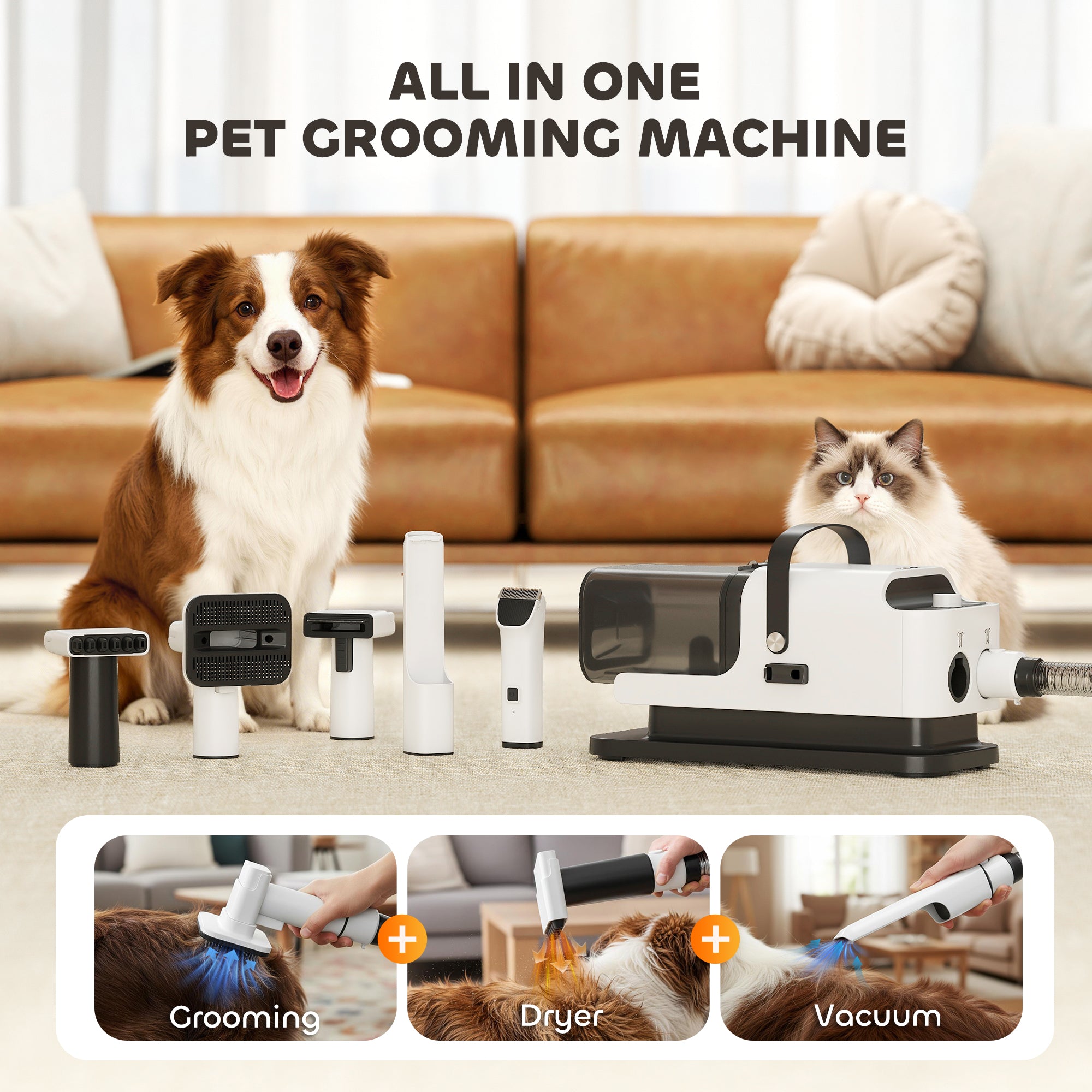 5 in 1 Dog Grooming Vacuum & Dryer w/ Clipper, 50dB Low Noise, Adjustable Speed & Temp, 1.8L Canister