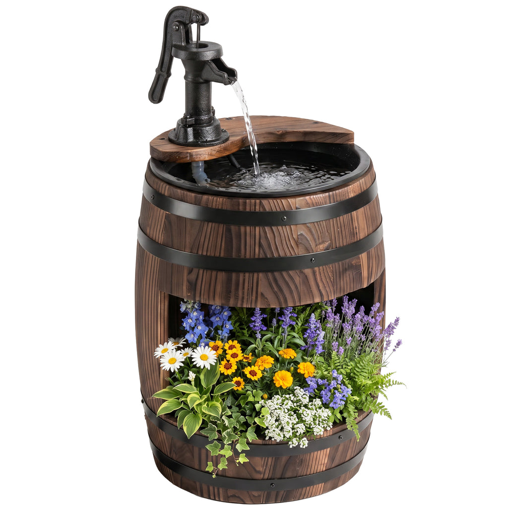 23" H Outdoor Water Fountain Wood and Plastic Rustic Apple Barrel Pump Garden Decor for Outside Backyard