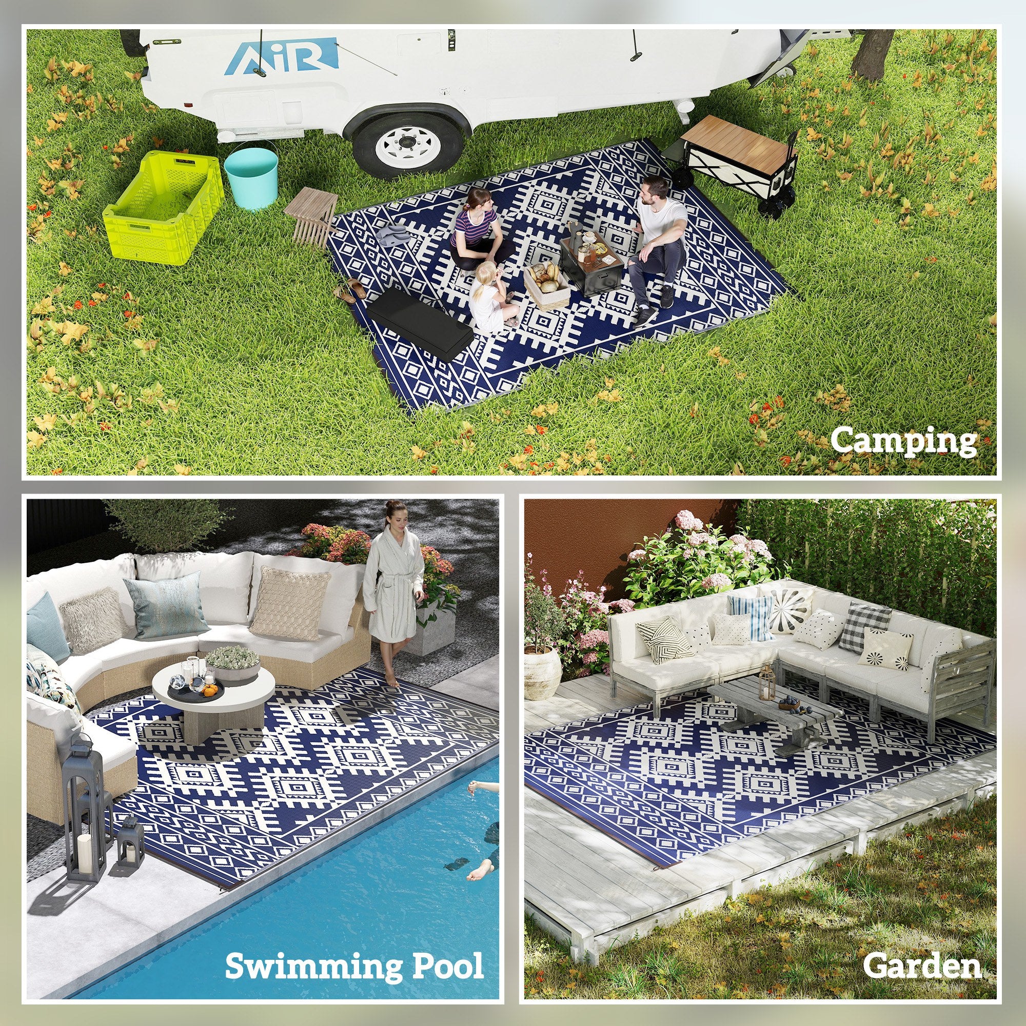 Reversible Outdoor Rug, Waterproof Plastic Straw with Carry Bag, 9' x 12', Blue & White Rhombus Border