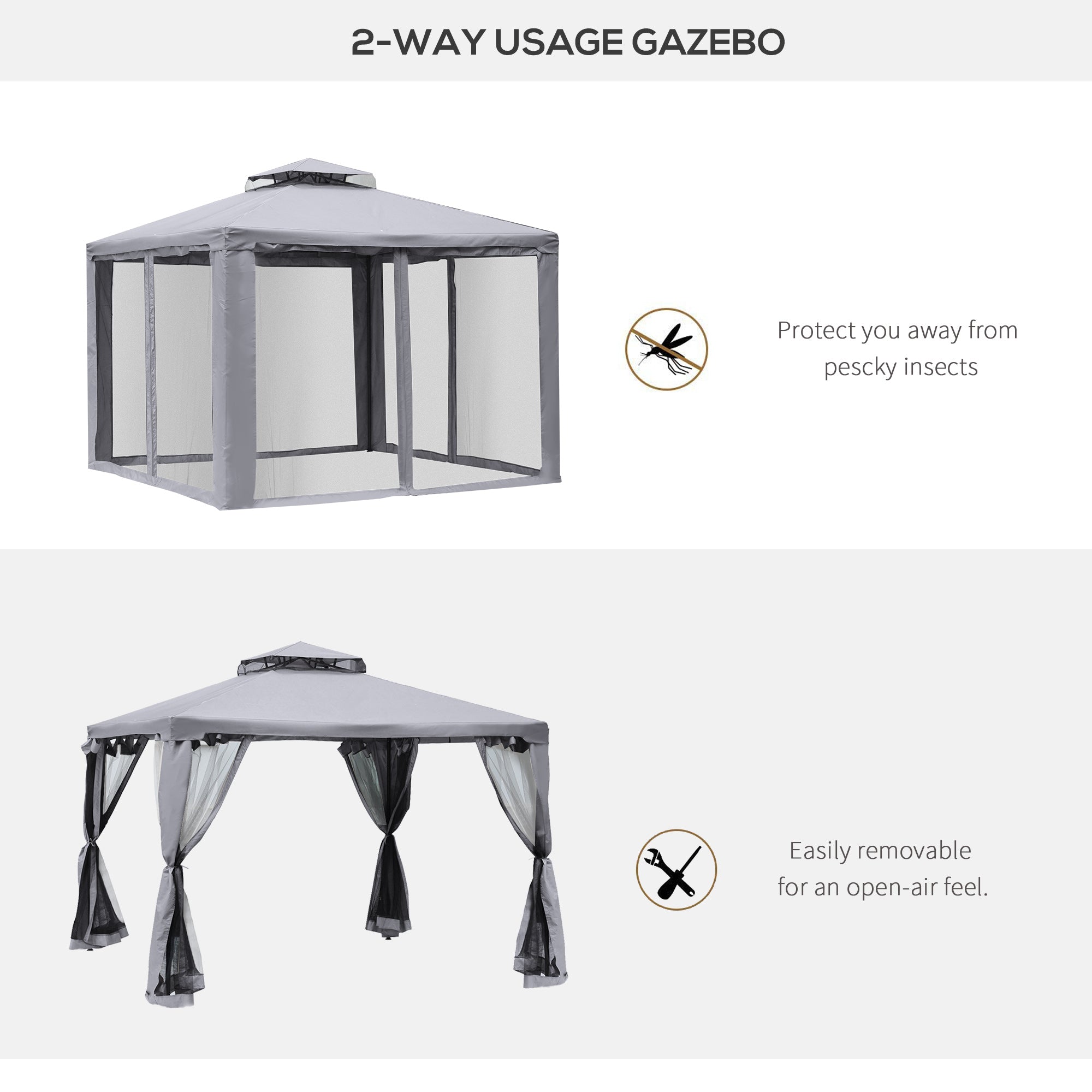 9.6' x 9.6' Patio Gazebo, Outdoor Canopy Shelter with 2-Tier Roof and Netting, Steel Frame for Garden, Lawn, Backyard, and Deck, Gray