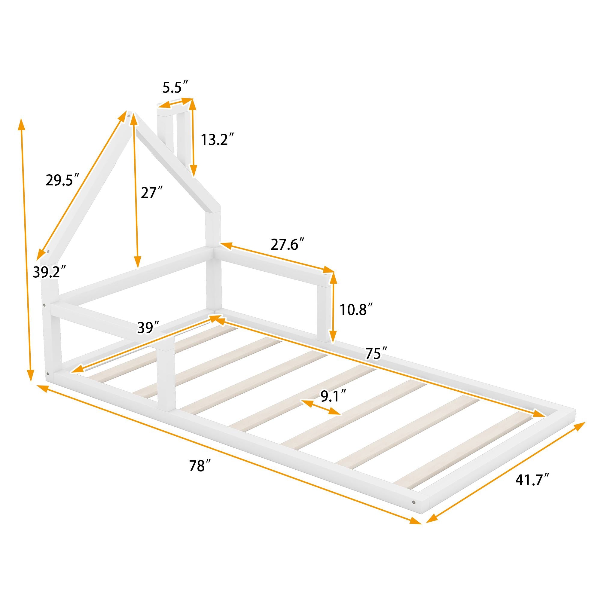 Twin Size Wood Floor Bed with House-Shaped Headboard, Sturdy Wood Construction, No Box Spring Needed, 78" L x 41.5" W x 39" H, White