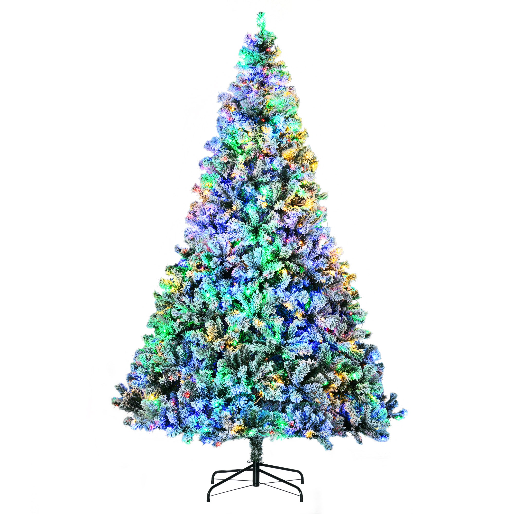 9' Artificial Snow Christmas Trees with Frosted Branches, Warm White or Colorful LED Lights, Steel Base