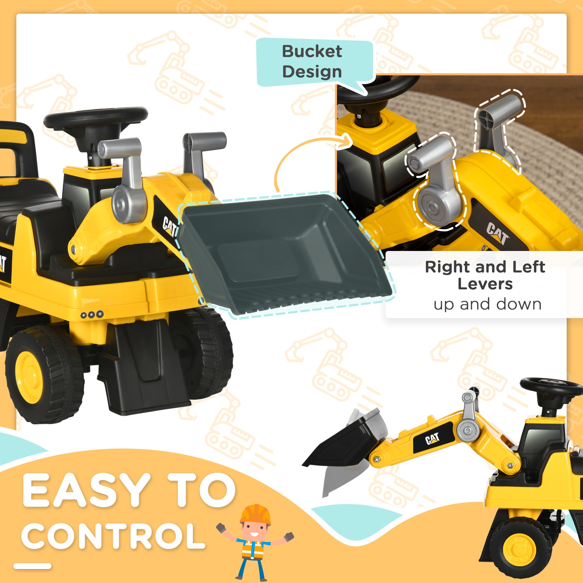 Caterpillar CAT Licensed Kids Ride on Excavator No Power Construction Vehicles with Manual Shovel, Horn, Hidden Storage