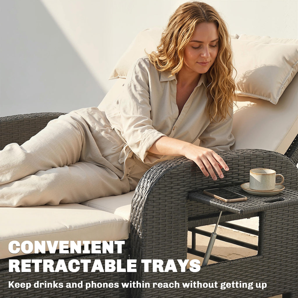 Patio Rattan Daybed, Wicker Outdoor Daybed with Storage Ottoman, Loveseat w/ Adjustable Backrest, Beige