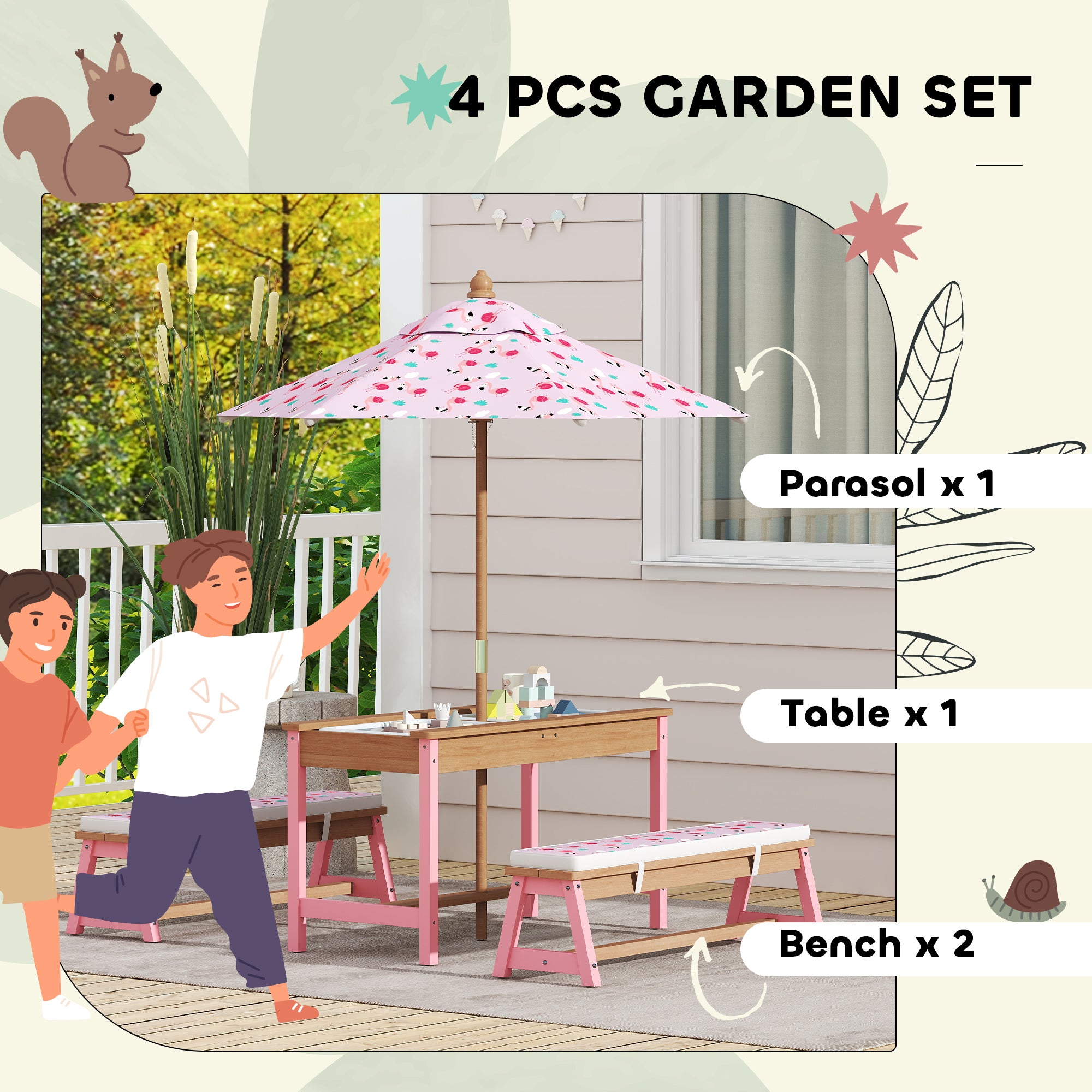 Kids Picnic Table Set with Foldable Umbrella, Removable Cushions & Boxes, Flamingo Theme, Pink