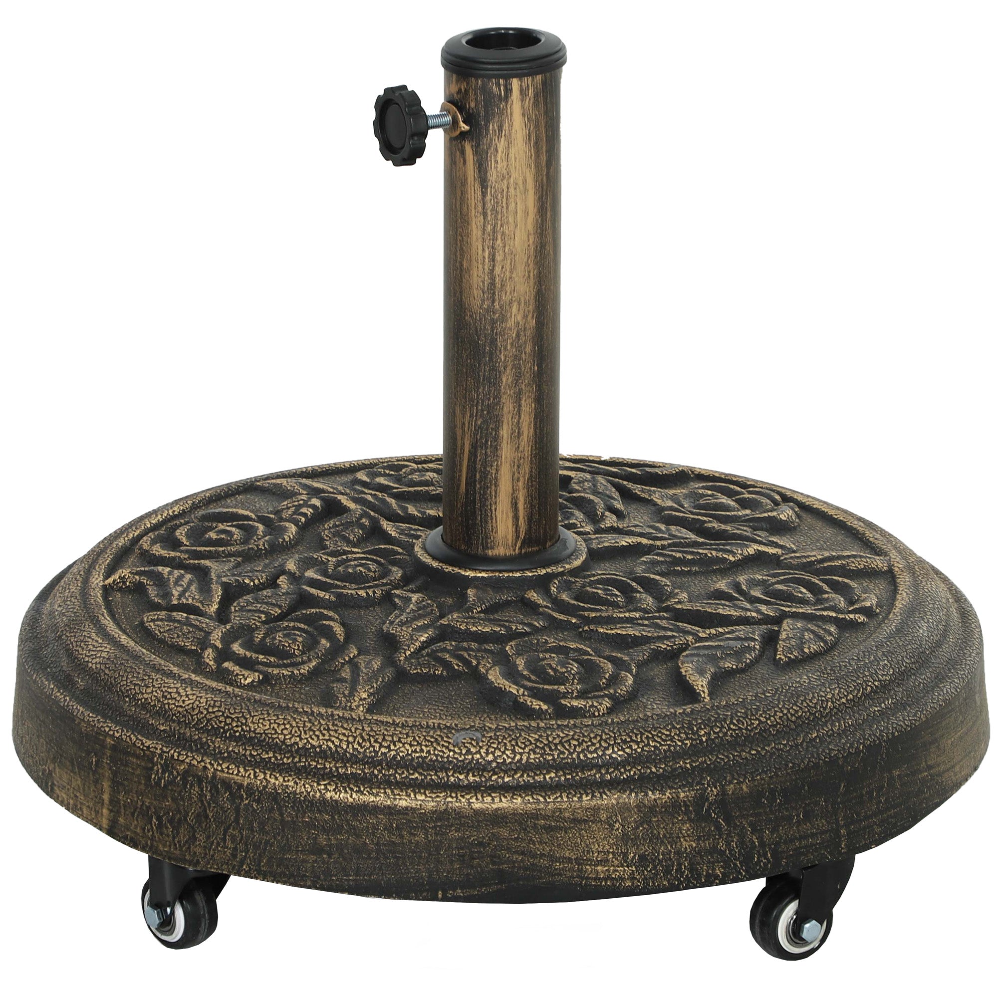 Round Patio Umbrella Base, 46 lbs Resin Umbrella Base with Wheels, Outdoor Umbrella Stand for 1.3"/1.5"/1.9" Umbrella Poles for Outdoor, Lawn, Poolside, Bronze