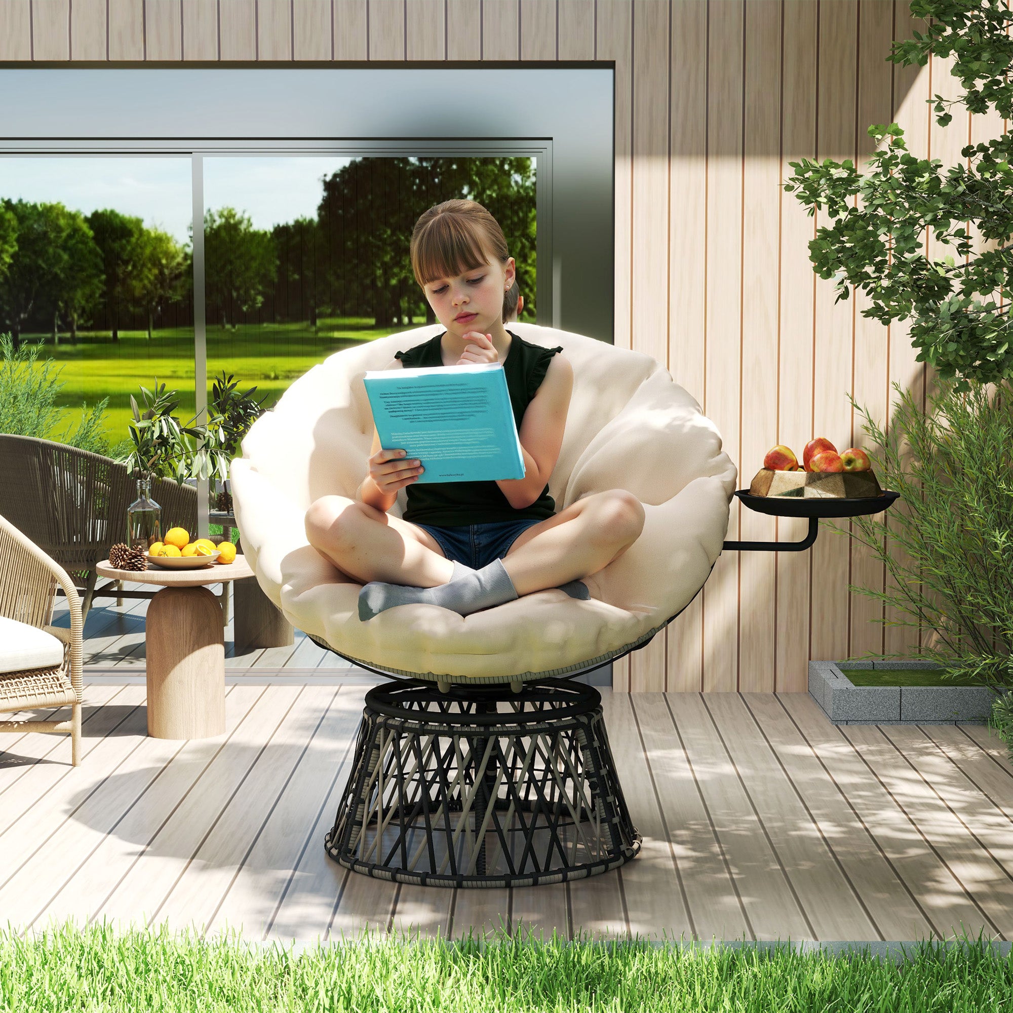 360° Swivel Outdoor Papasan Chair, 39" Overstuffed Circle Chair with Side Tray, Thick Cushion for Indoor Patio, Beige