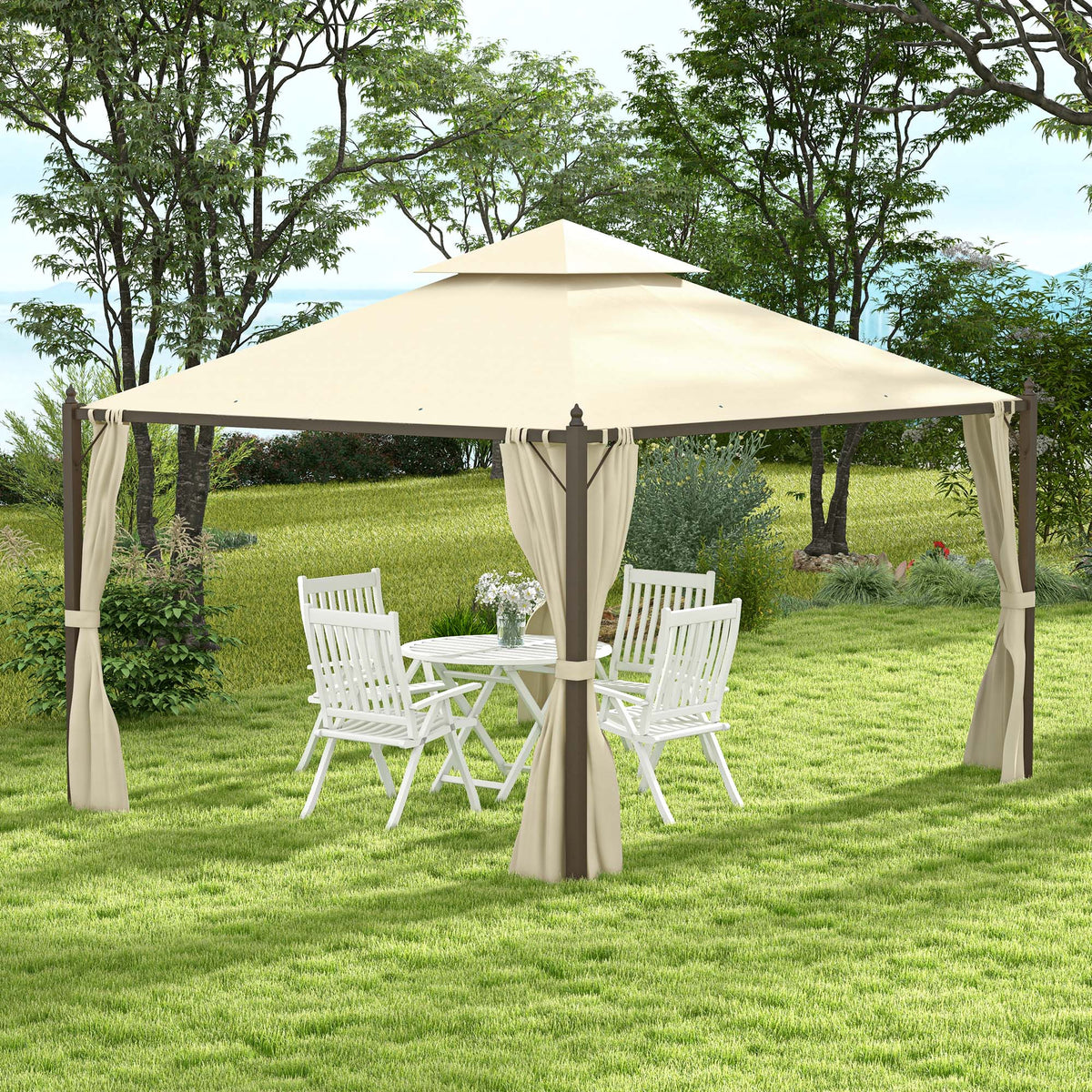10' x 12' Outdoor Patio Gazebo with Curtains, Two-Tier Roof, Beige