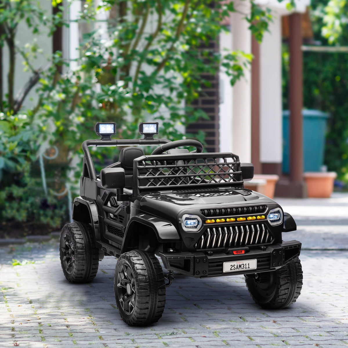 12V Battery Powered Ride On Truck, Kids Electric Car with Spring Suspension, Remote, Horn, USB Music, Black