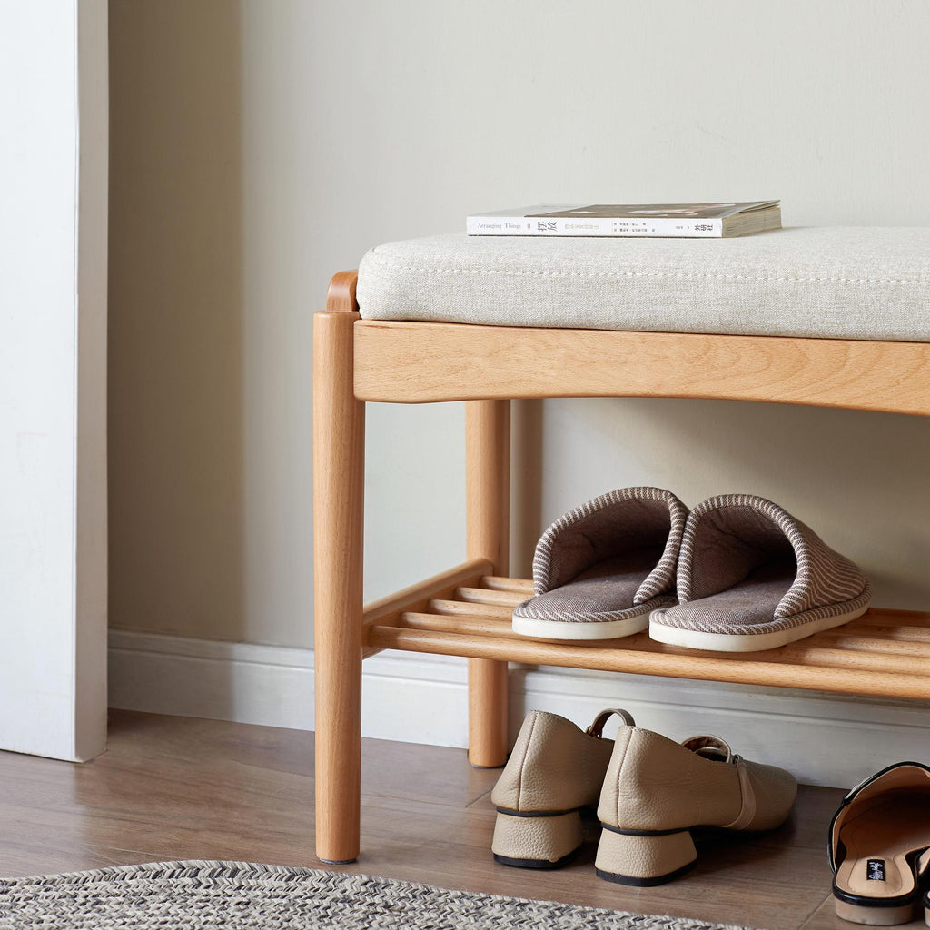 Mid-Century Shoe Bench with High-Rebound Sponge Cushion, Sturdy Shoe Rack with Slatted Compartment, 23.5″ L x 12″ W x 16.5″ H, Natural