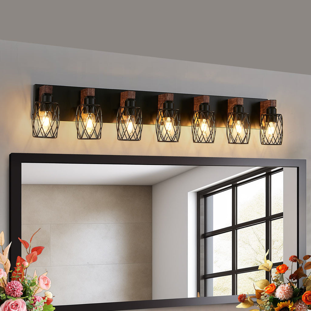 Industrial 7-Light Wall Sconce with Metal Wire Cage Shades, Wooden Accents, Ideal for Bathroom, Hallway, 44" L x 6" W x 8.5" H, Walnut+Black