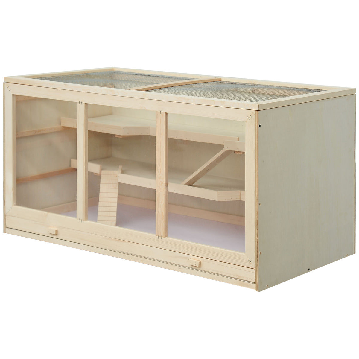 45" Extra Large Wooden Hamster Cage, 3-Layer Rat Cage with Opening Roof, PVC Window, Small Animal Habitat for Gerbil, Dwarf & Syrian Hamsters, Natural
