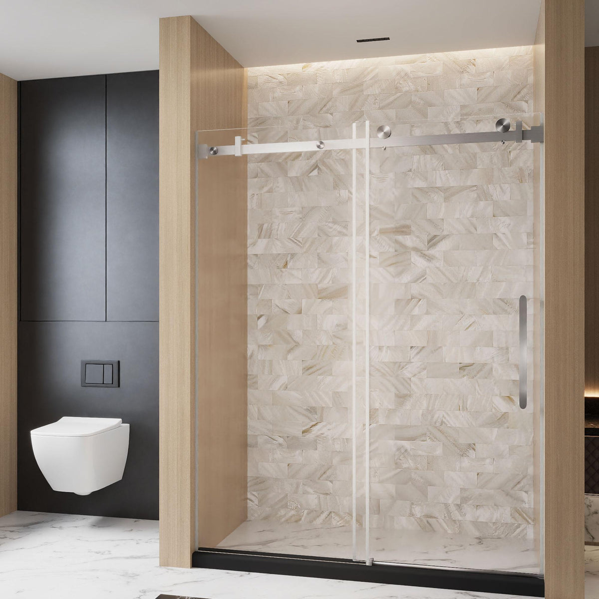 Frameless Shower Door with Anti-Shatter Safety Film and Bottom Water-Blocking Strip, Panel for Bathroom, 60" L x 0.5" W x 76" H, Brushed Nickel
