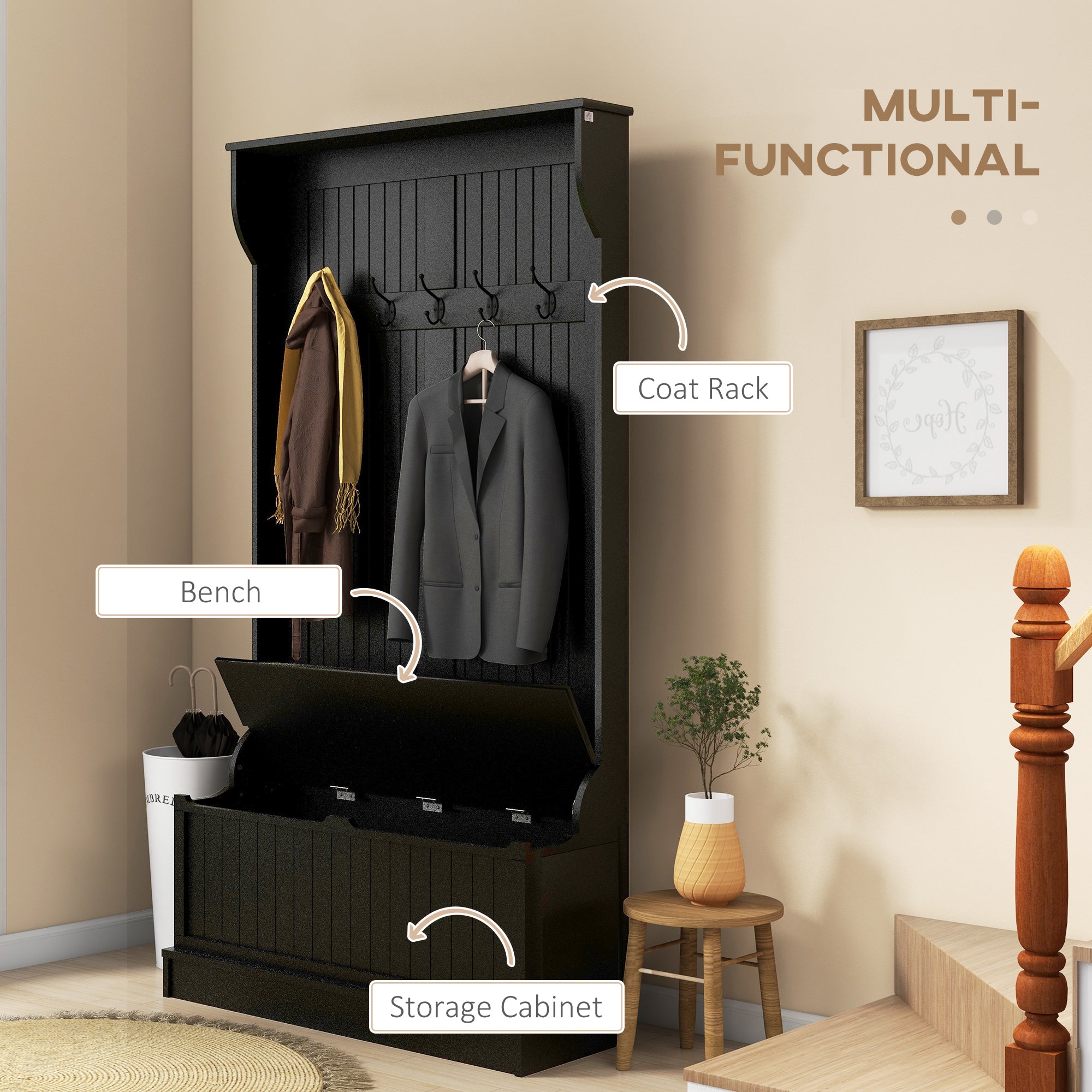 3-In-1 Entryway Bench with Coat Rack, Hall Tree with Bench and Shoe Storage, 5 Hooks for Hallway Black