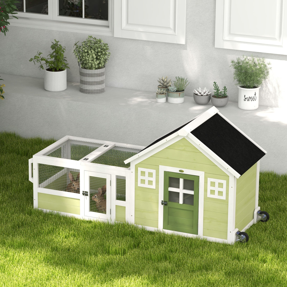 64 Inch Rabbit Hutch with Asphalt Roof, Handle, Wheels, Multicolo
