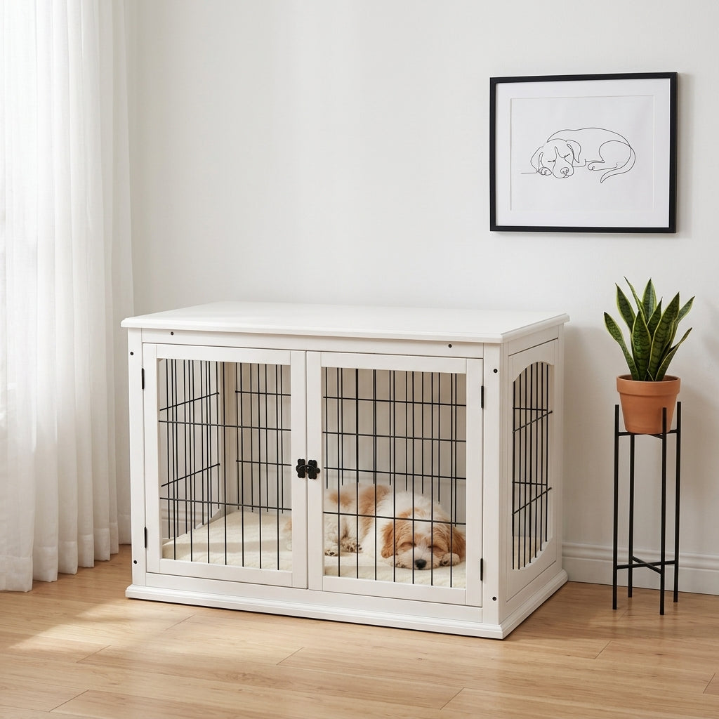 Dog Crate Furniture, 32" Small Dog Cage End Table with 2 Doors, Lockable Door, Puppy Kennel Indoor, White
