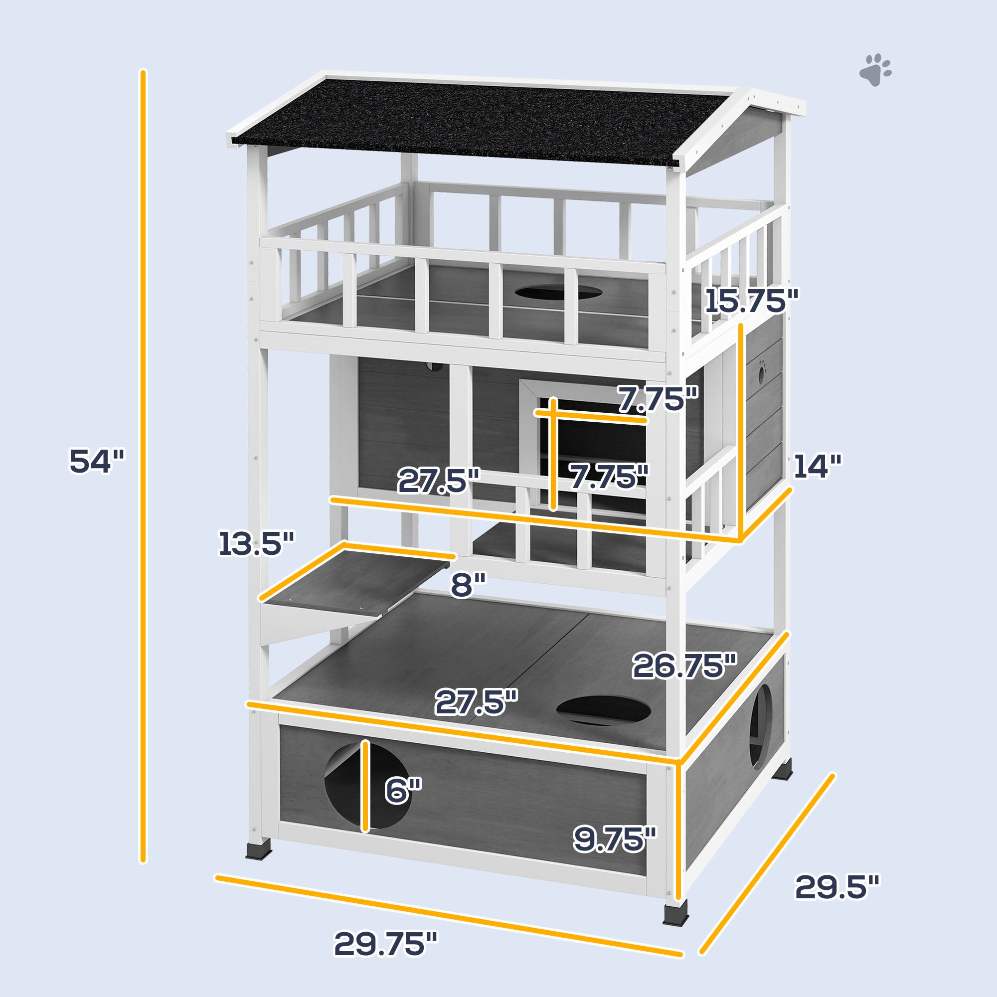 Wooden Outdoor Cat House with Asphalt Roof, Escape Doors, Condo, Jumping Platform, Light Gray