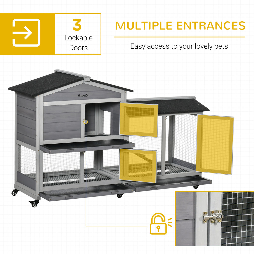 62" Wooden Mobile Rabbit Hutch with Wheels, Run Box, Slide-out Tray, Ramp