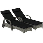 2 Reclining Chaise Lounge Chairs, Rolling Outdoor Chairs with Cushion, Pillow, Headrest, Armrests, and Wheels, Black