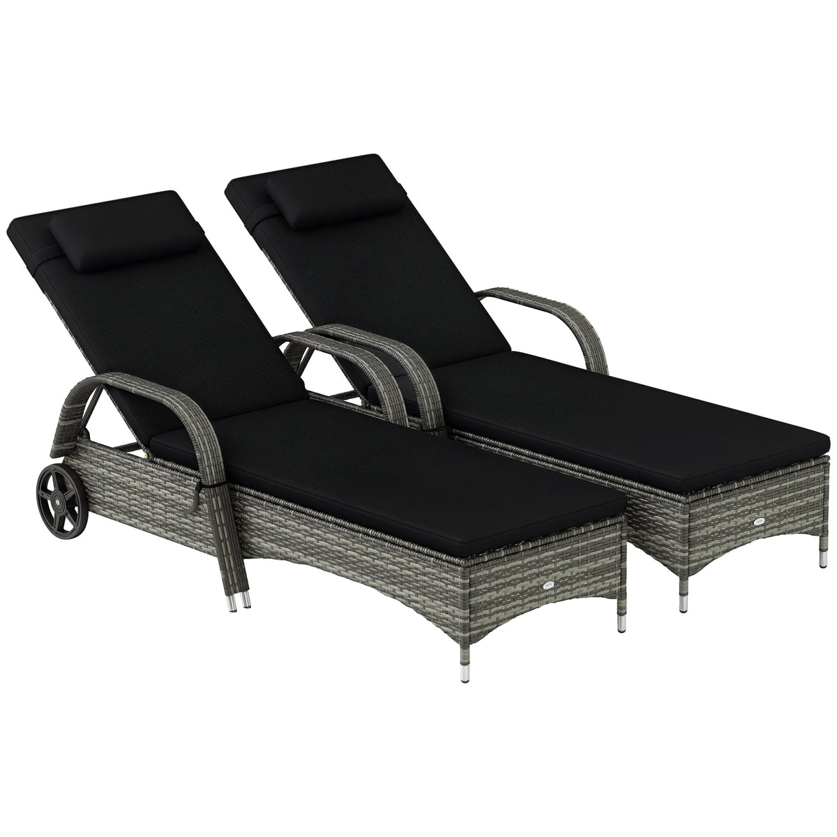 2 Reclining Chaise Lounge Chairs, Rolling Outdoor Chairs with Cushion, Pillow, Headrest, Armrests, and Wheels, Black