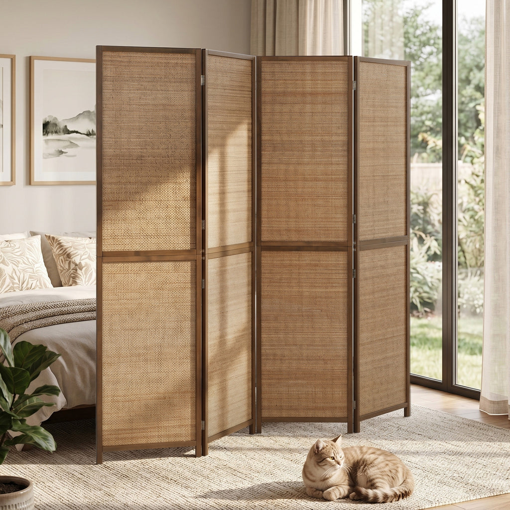 Room Divider, 4 Panel Folding Privacy Screen, 6 FT Tall Hand-Woven Bamboo Wall Partition, Brown