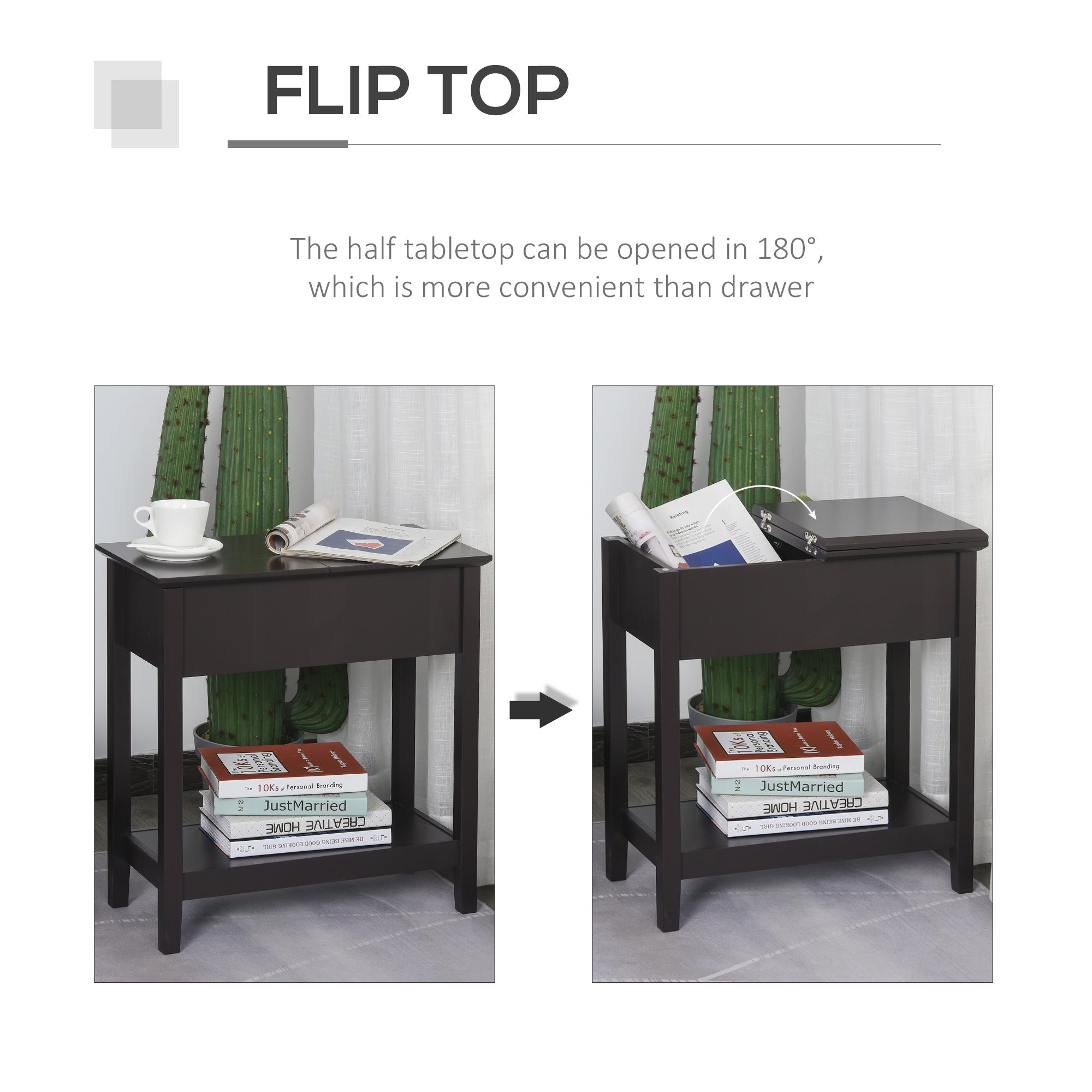 End Table, Narrow Side Table with Flip Top, Storage Cabinet, Bottom Shelf for Living Room, Dark Coffee