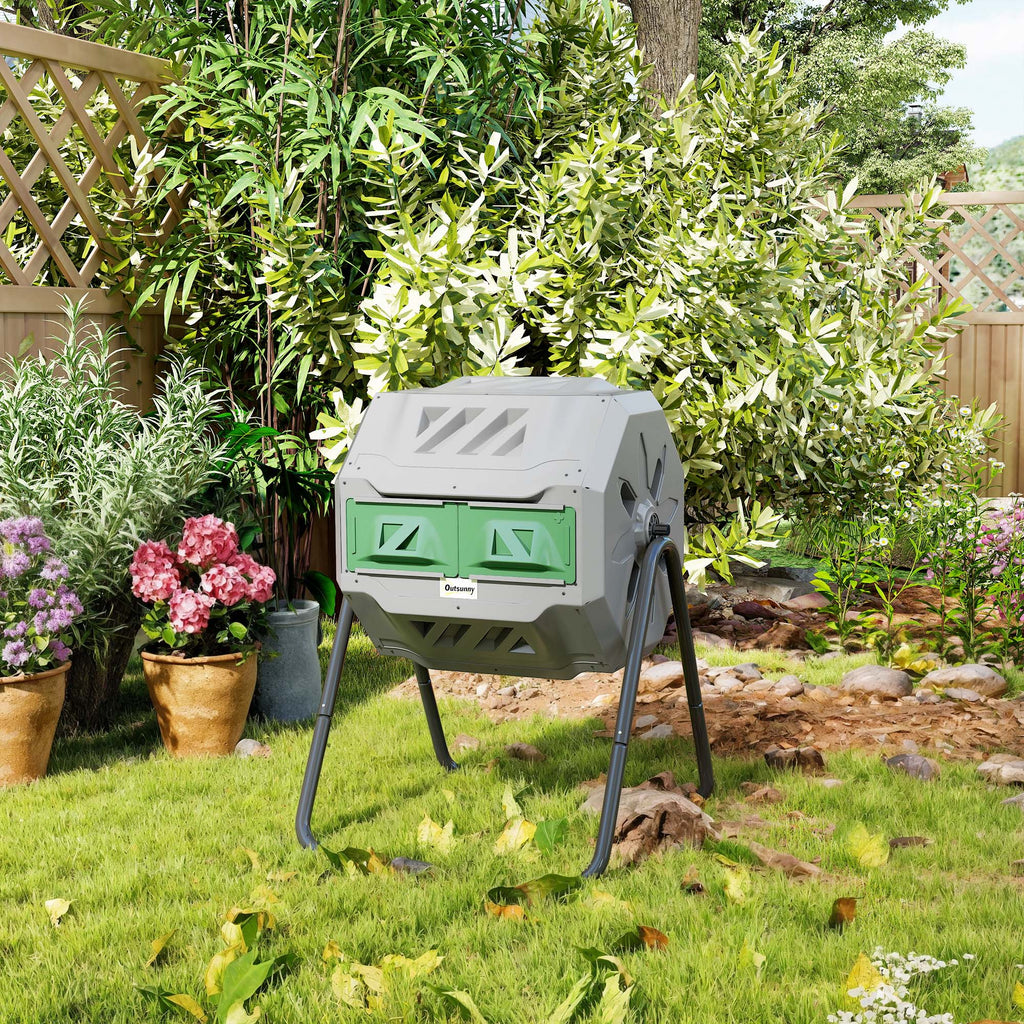 Tumbling Compost Bin Outdoor 360° Dual Chamber Rotating Composter 43 Gallon, Light Gray