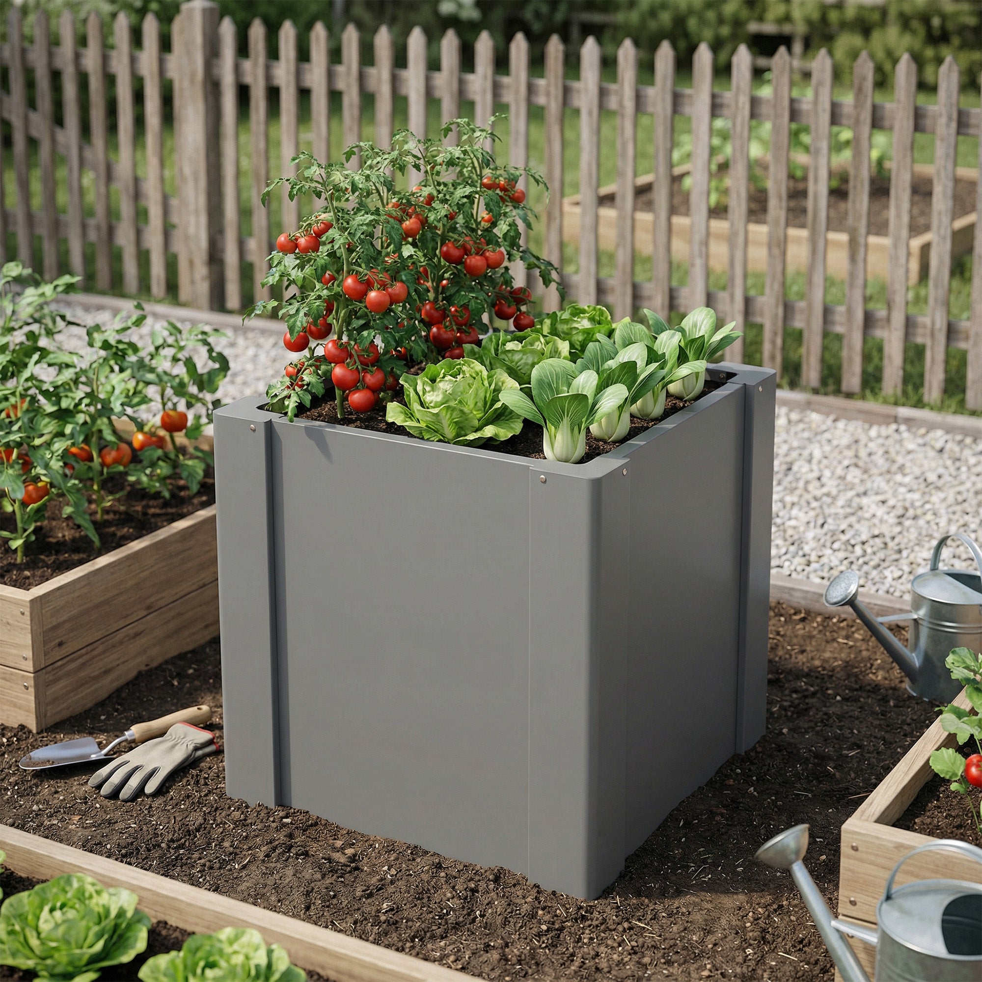 Raised Garden Bed Galvanized Planter Box Outdoor with Gloves for Gardening Vegetables, Flower, Herb, 1.4 x 1.4 x 1.5 ft, Gray