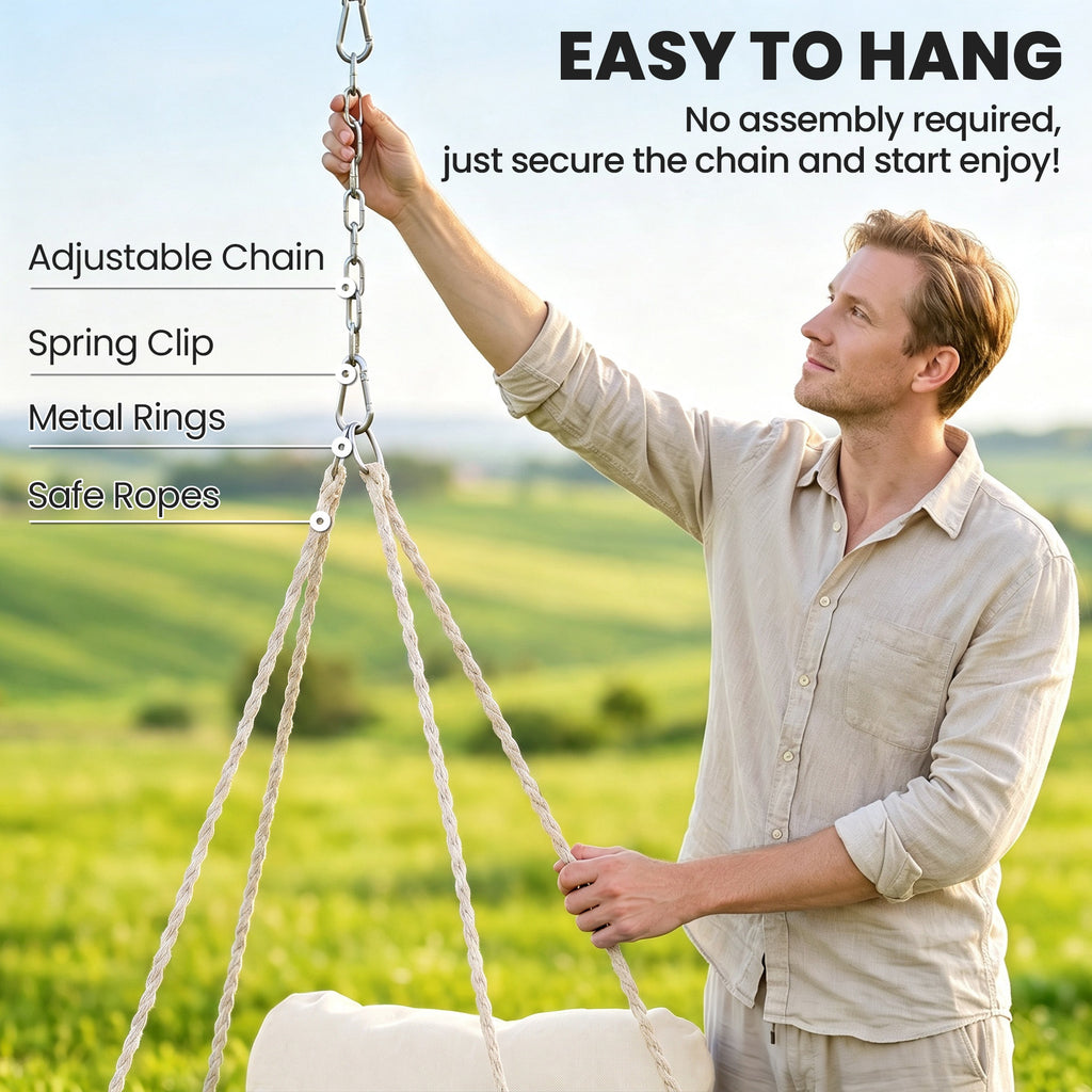 Hammock Swing Chair, Macrame Hanging Chair with Large Cushion, Chain, Steel Frame for Indoor Outdoor Use, Cream White