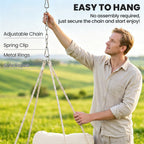 Hammock Swing Chair, Macrame Hanging Chair with Large Cushion, Chain, Steel Frame for Indoor Outdoor Use, Cream White