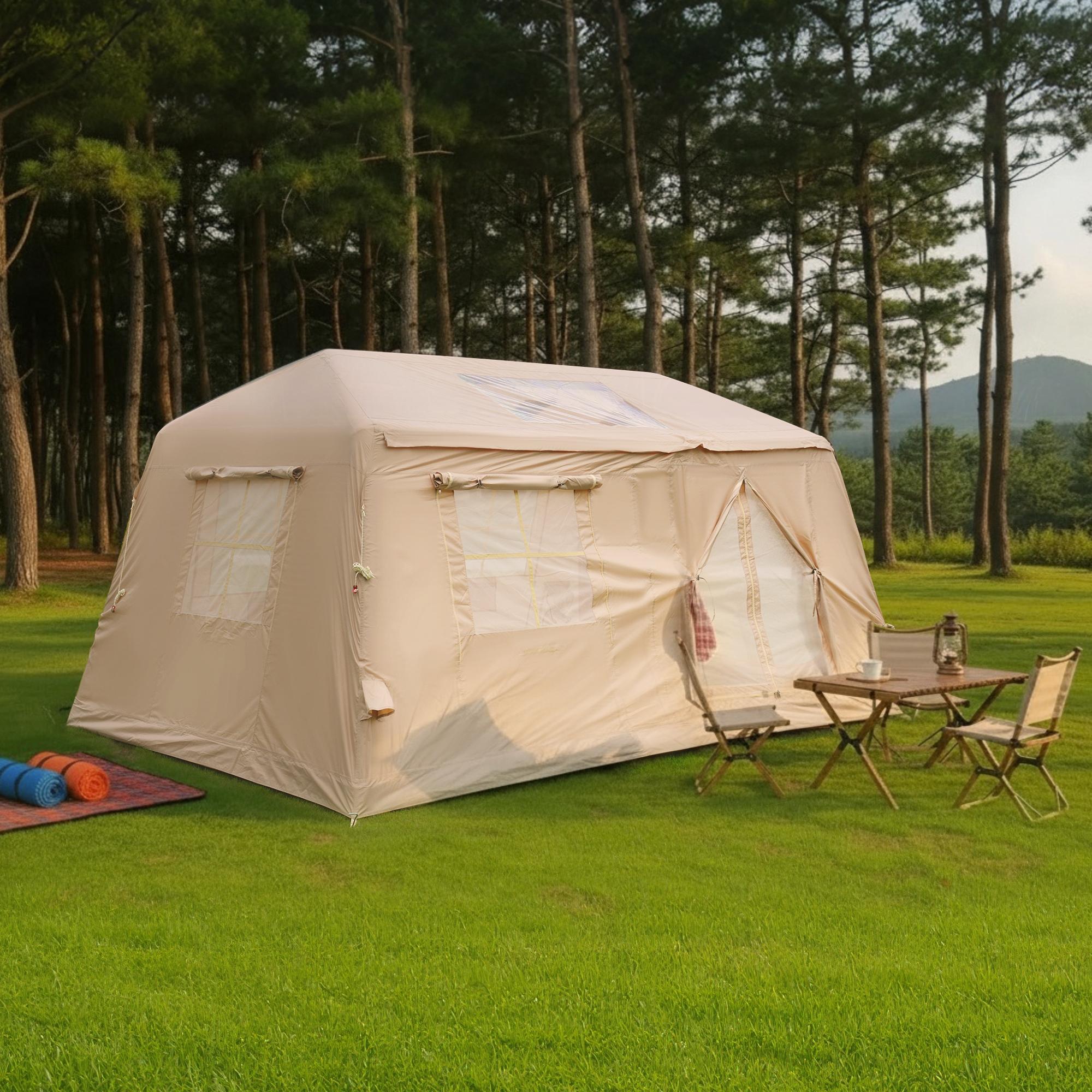 Modern Camping Tent with Quick-Inflate 2-Room Design, 4-Season Waterproof Family Tent with Hand Pump, 157.5″ L x 108″ W x 78.5″ H, Beige