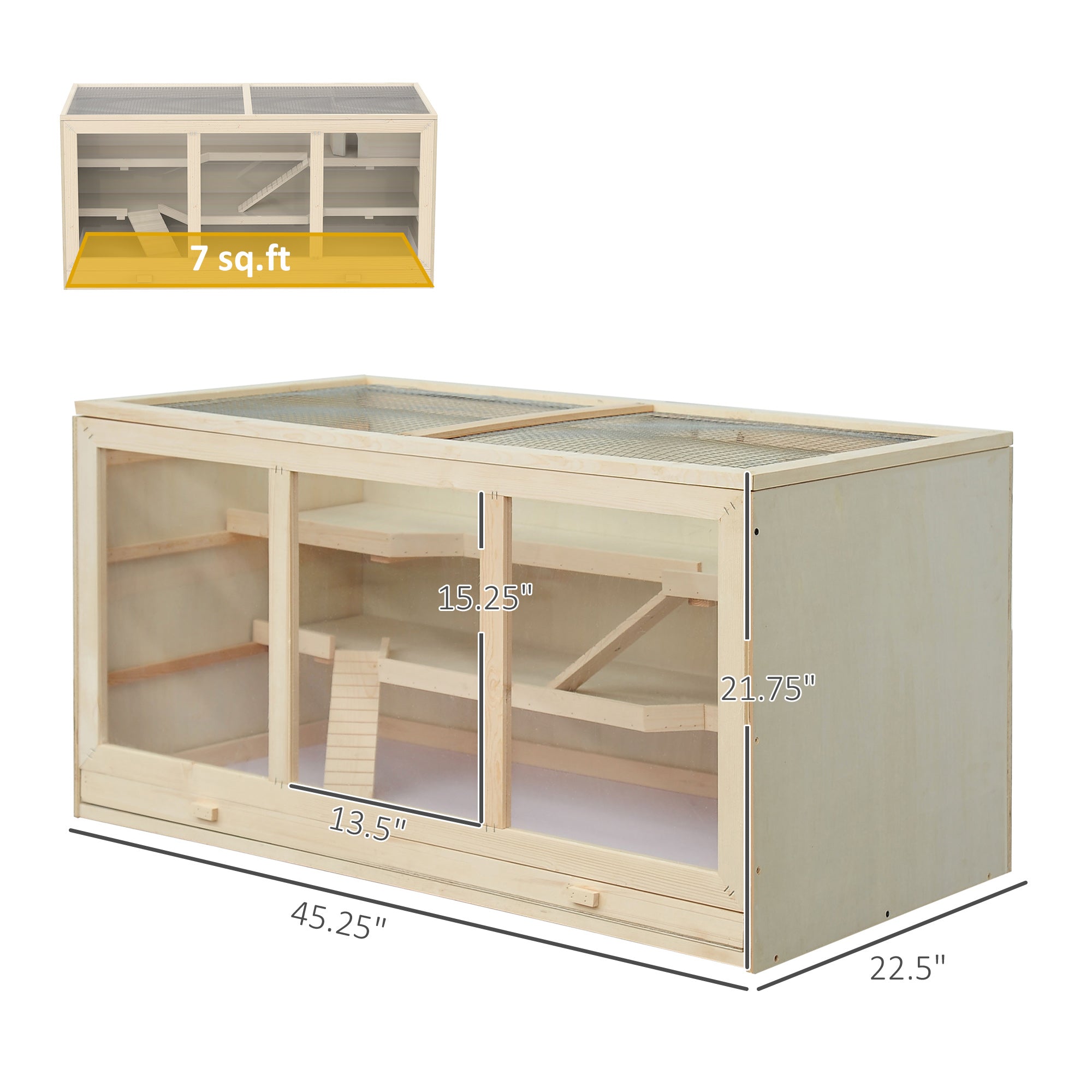 45" Extra Large Wooden Hamster Cage, 3-Layer Rat Cage with Opening Roof, PVC Window, Small Animal Habitat for Gerbil, Dwarf & Syrian Hamsters, Natural