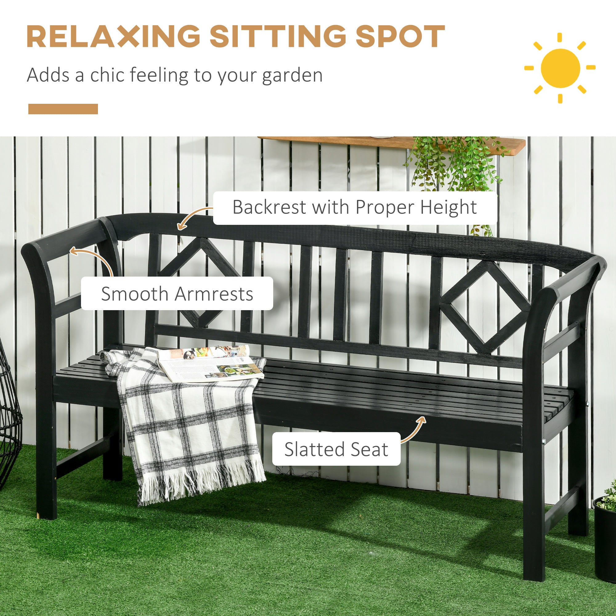 Wooden Patio Bench, Outdoor Garden Bench with Backrest and Armrests, 3 Person Porch Bench with Rustic Country Diamond Pattern, Black