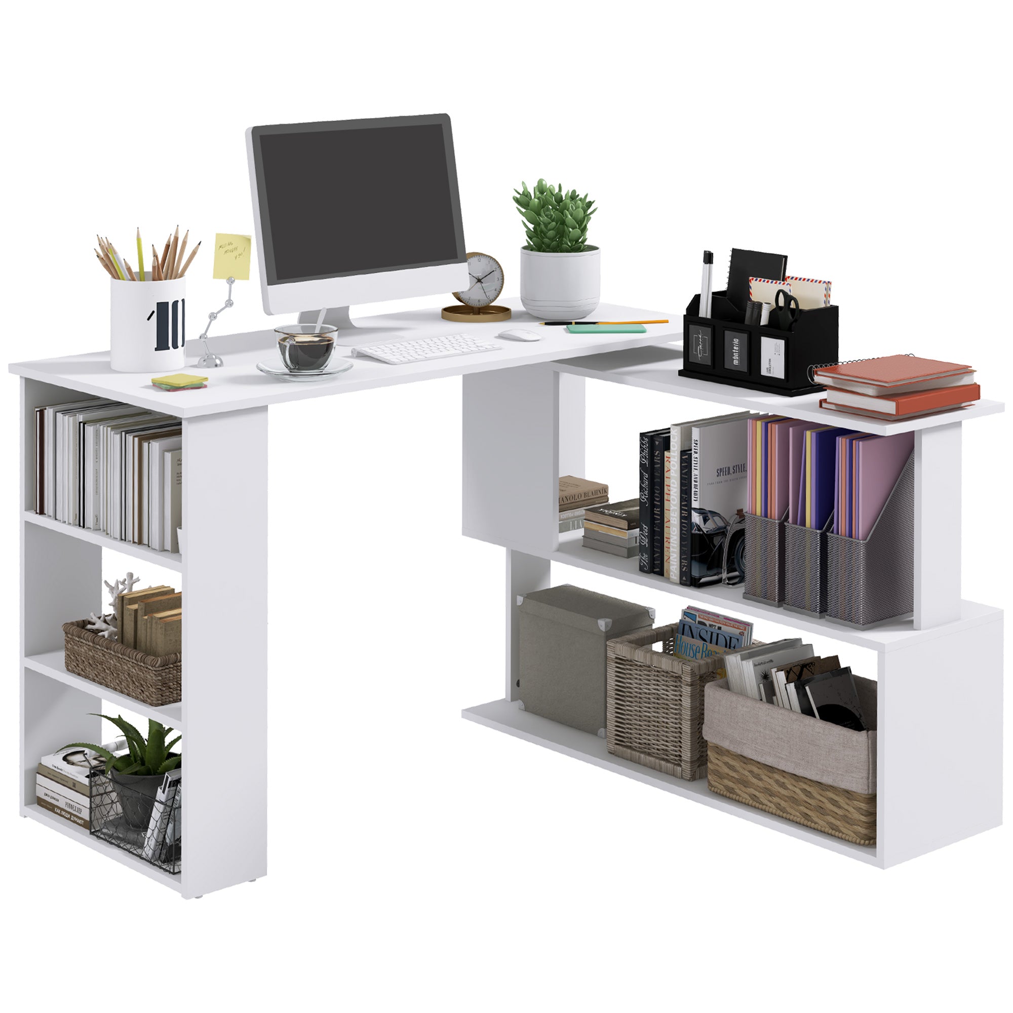 L Shaped Desk, Corner Computer Desk, 360 Degree Rotating Home Office Desk with Storage Shelves, Writing Table Workstation, White