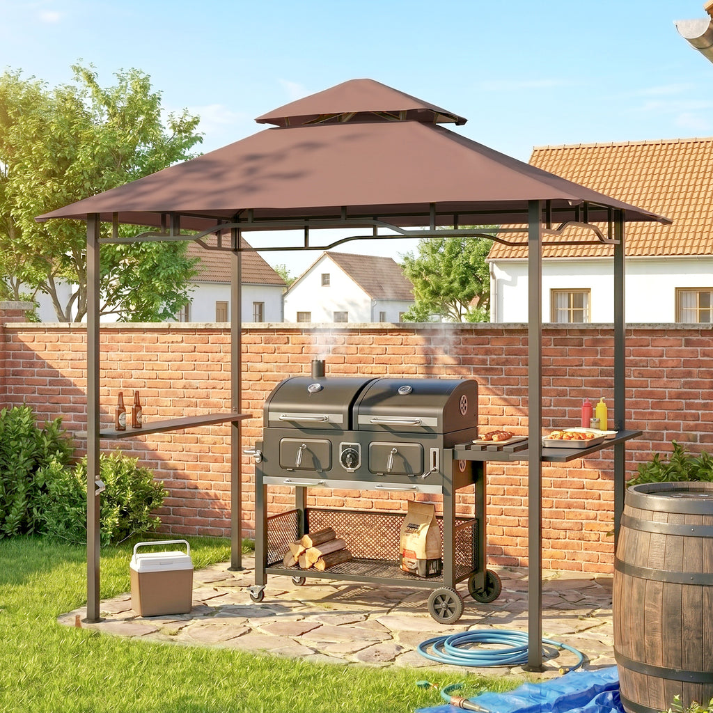 8' x 5' Grill Gazebo with Double Roof, Outdoor BBQ Canopy Gazebo with 2 Side Shelves for Patio Yard Garden Coffee