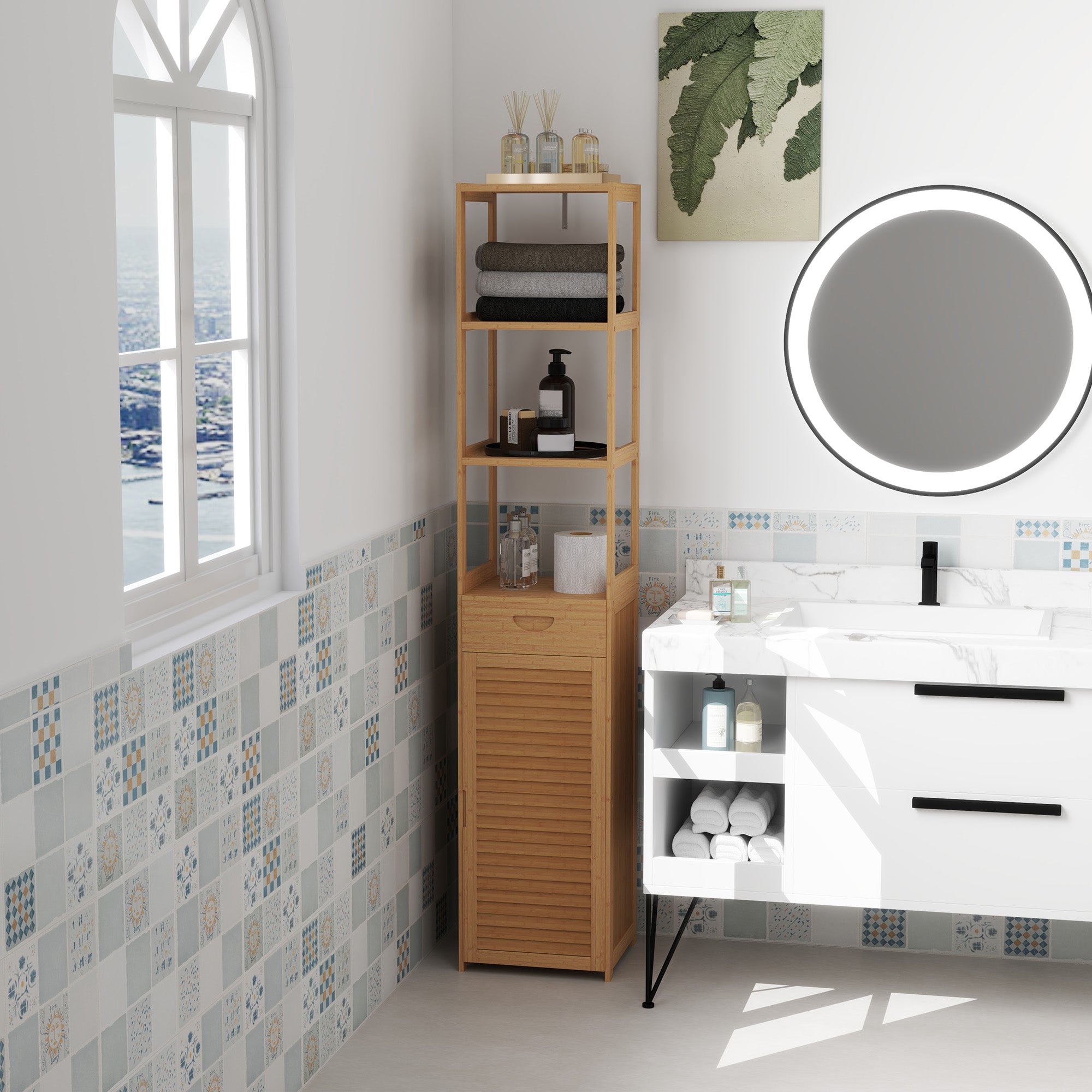 Bathroom Storage Cabinet with Drawer and Slatted Shelves