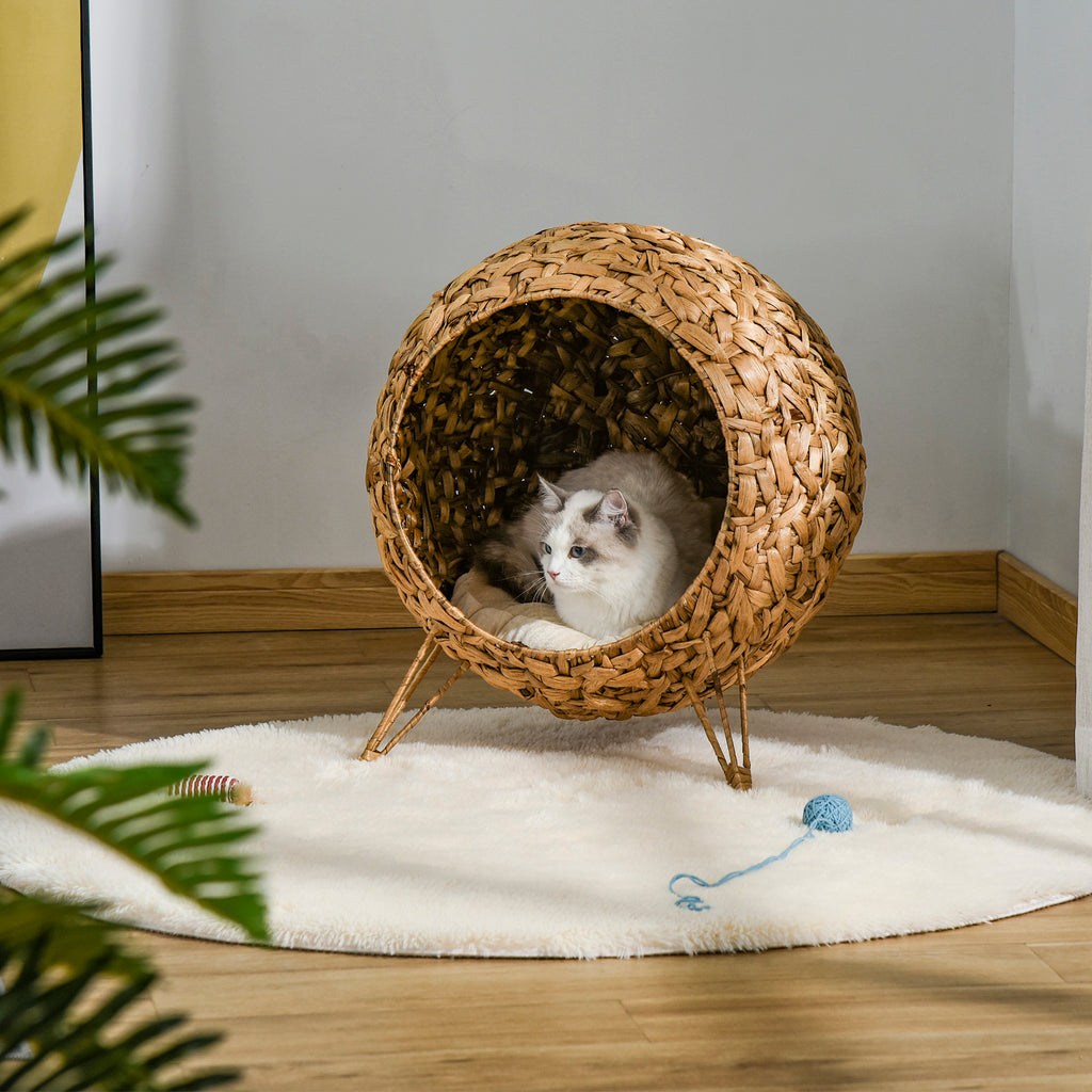 20.5" Weaved Cat Bed, Elevated Hand-woven Braided Banana Leaf Kitten House Condo with Cushion, Natural