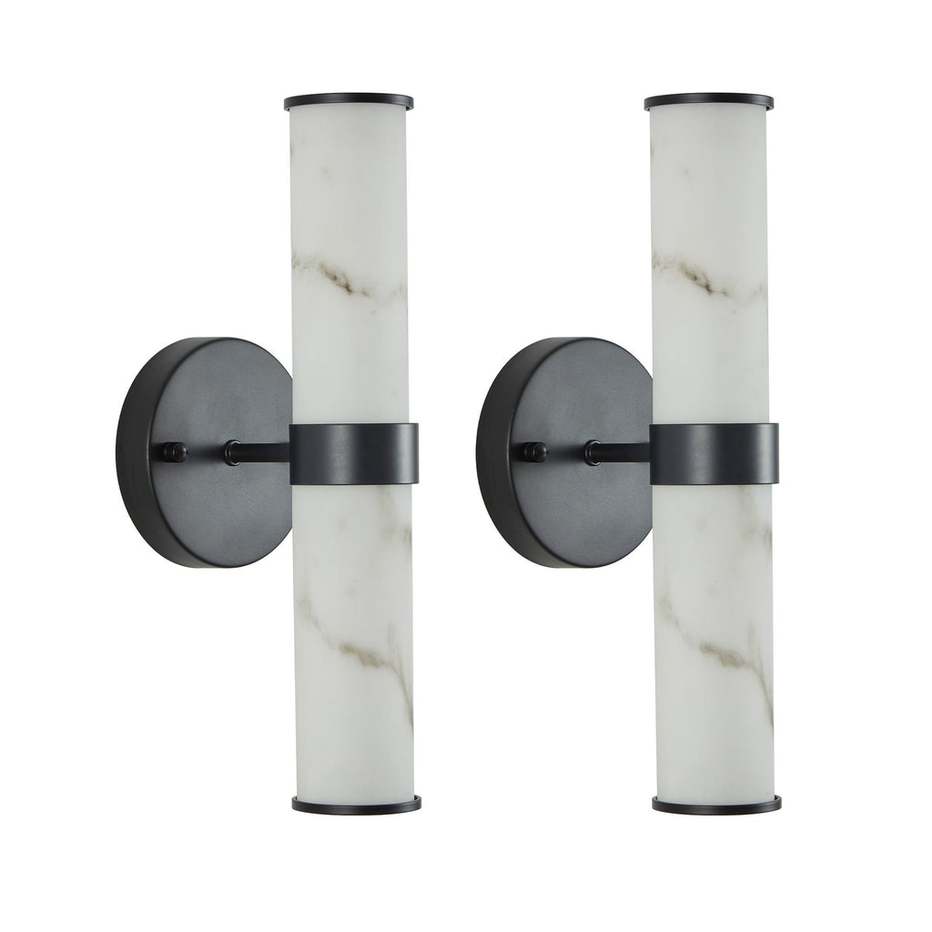 Set of 2 Resin Marble Texture Wall Lights with Iron Metal Frame, Elegant Lighting Fixtures for Hallways, Bedrooms, 5" L x 5.5" W x 14" H, Black