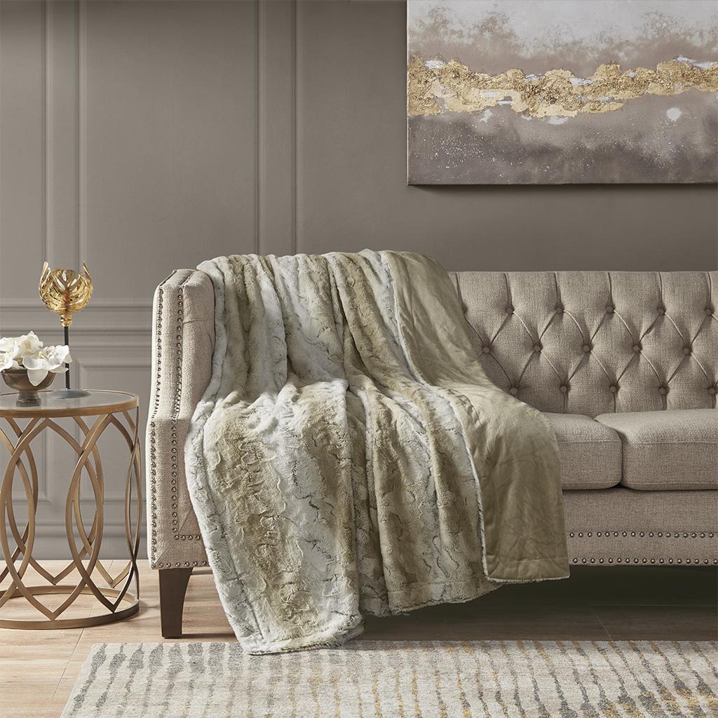 Luxuriously Soft Oversized Faux Fur Throw Blanket with Faux Mink Reverse, Machine Washable, OEKO-TEX Certified, 70" L x 60" W x 0.25" H, Sand