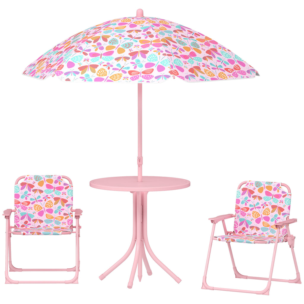 Kids Picnic Table and Chair Set, Outdoor Table with Foldable Chairs, Removable Umbrella, Pink
