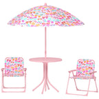 Kids Picnic Table and Chair Set, Outdoor Table with Foldable Chairs, Removable Umbrella, Pink