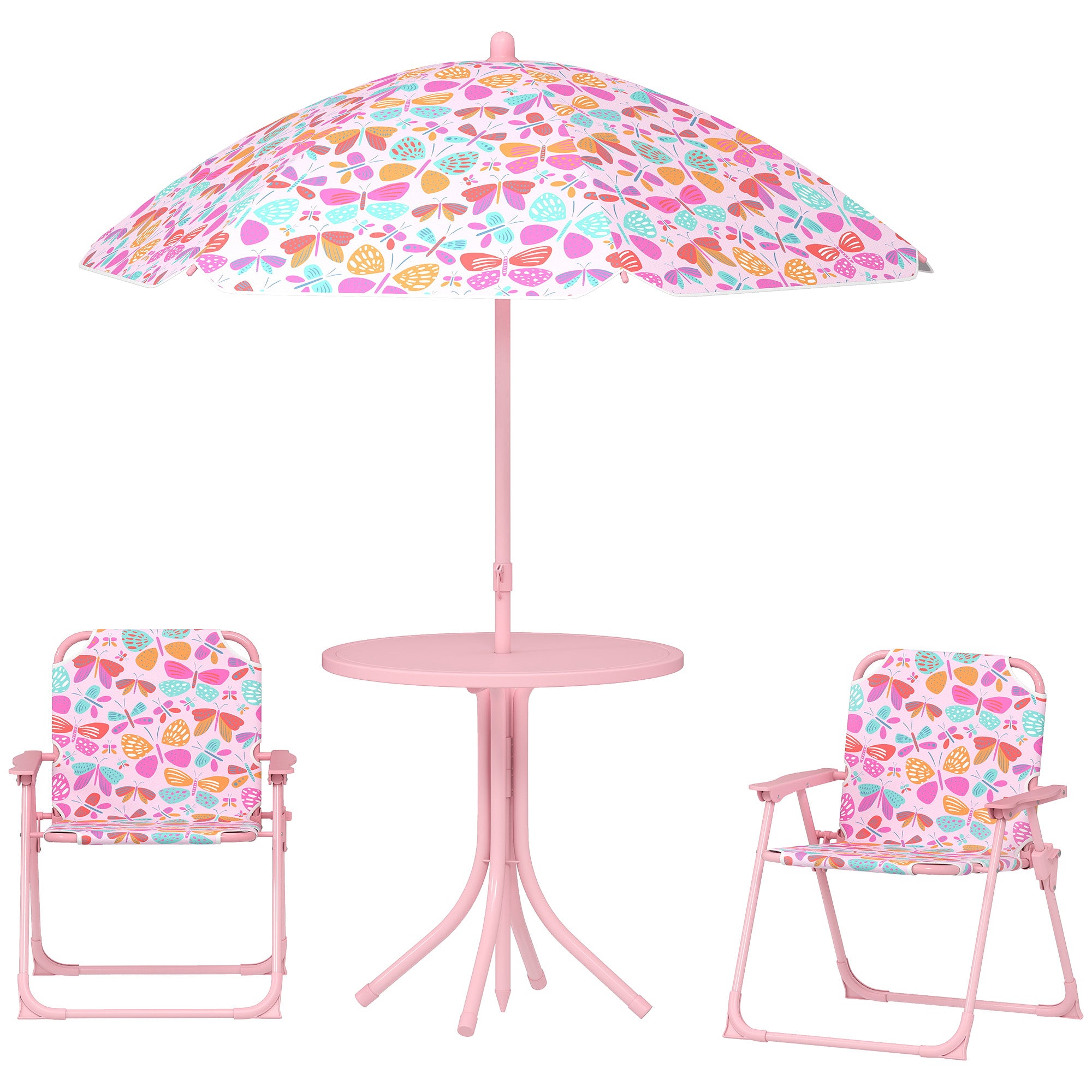 Kids Picnic Table and Chair Set, Outdoor Table with Foldable Chairs, Removable Umbrella, Pink