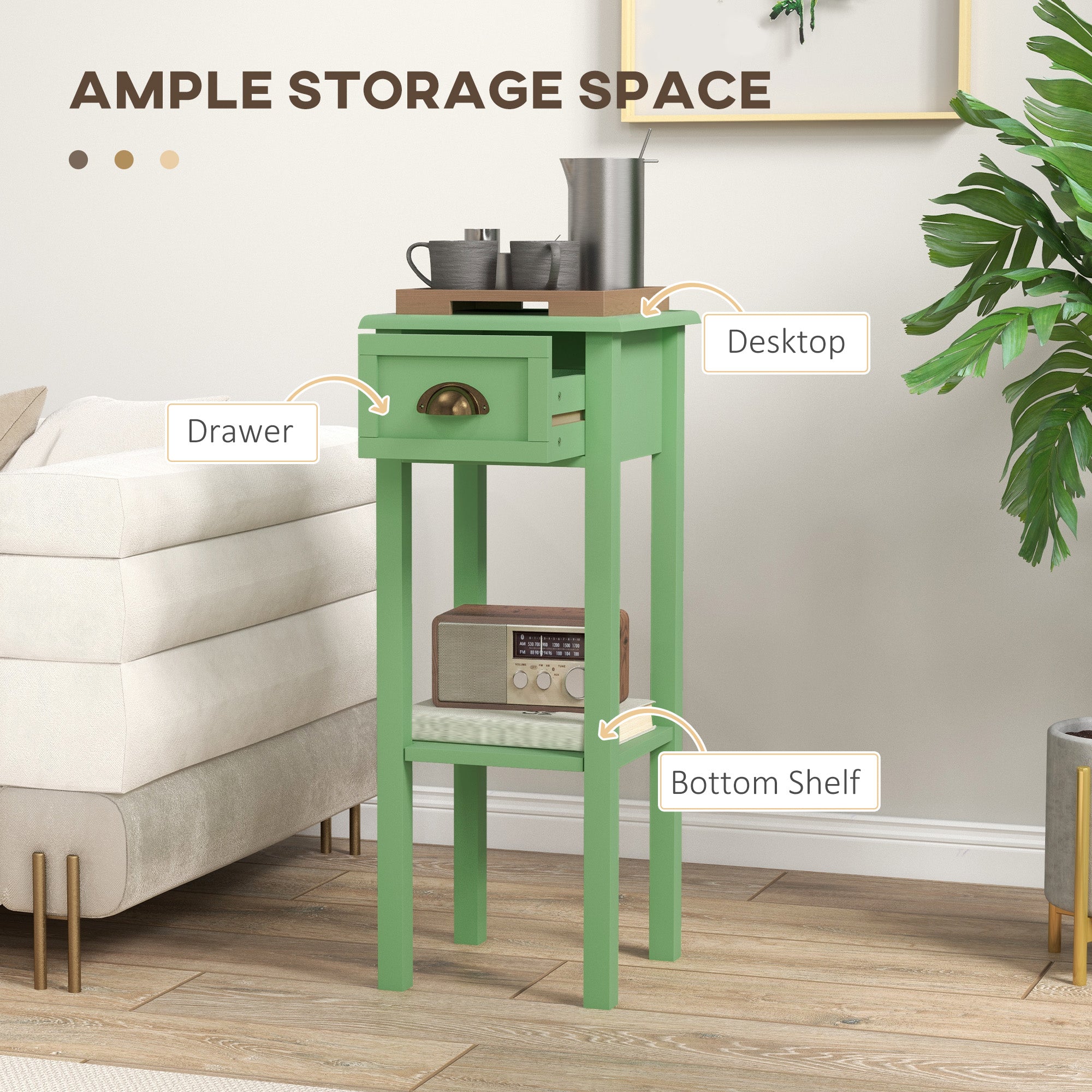 2-Tier Side Table with Drawer and Shelf, End Table for Living Room and Hallway, Green
