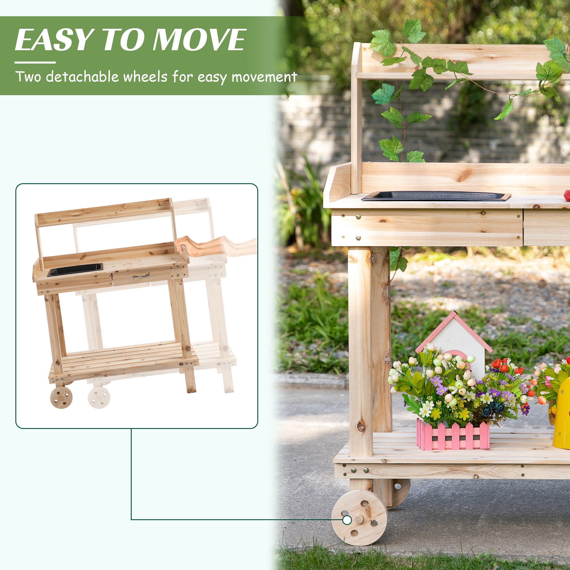 36" Wooden Potting Bench Work Table with 2 Removable Wheels, Garden Workstation with Removable Sink, Drawer & Large Storage Spaces, Natural
