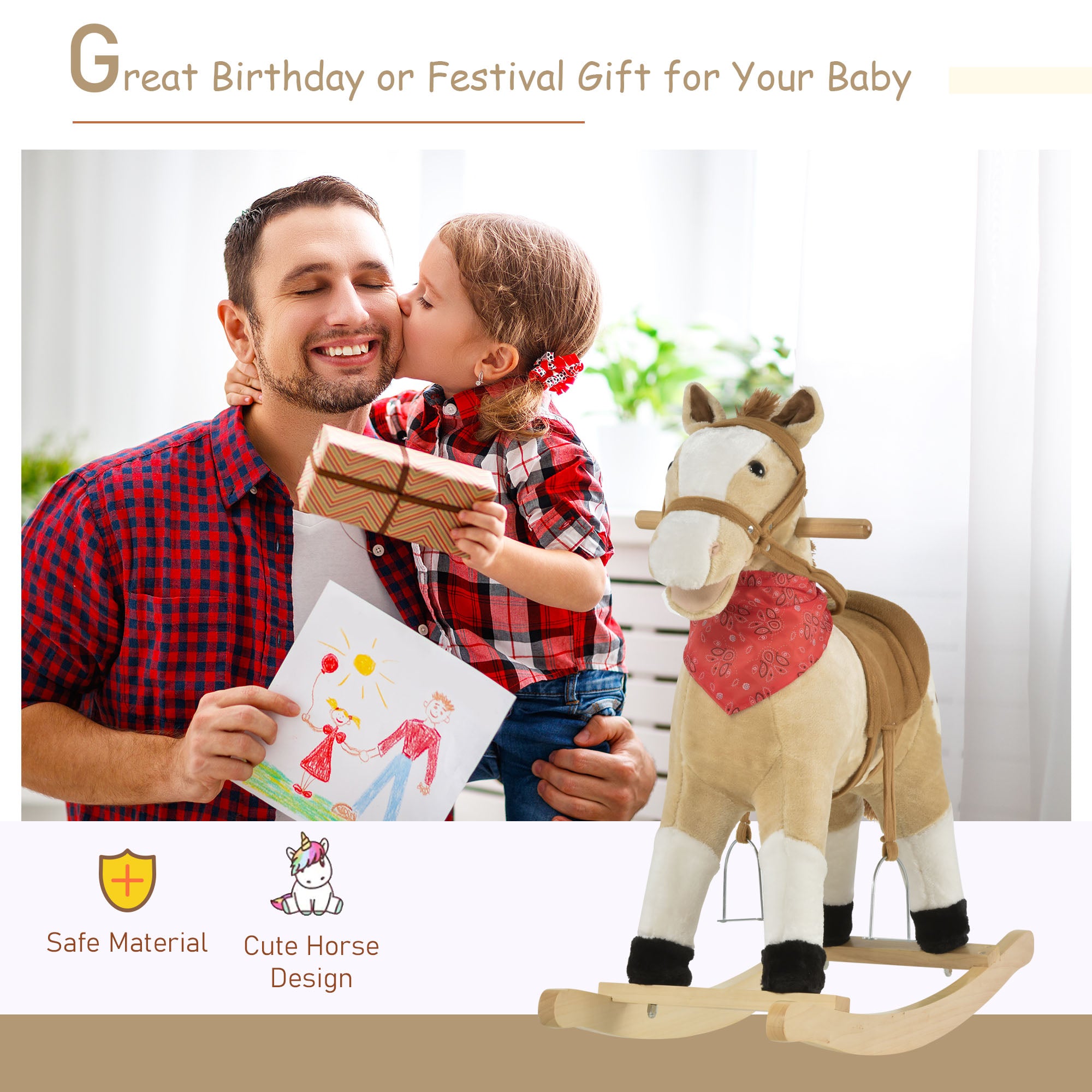 Kids Plush Ride-On Rocking Horse Toy Cowboy Rocker with Fun Realistic Sounds for Child 3-6 Years Old, Beige