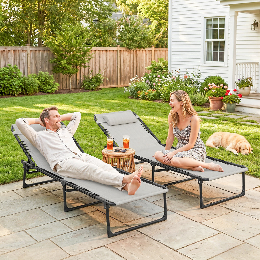 2 Folding Chaise Lounge Pool Chairs with 4-Position Reclining Back, Pillow, Breathable Mesh & Bungee Seat, Dark Blue